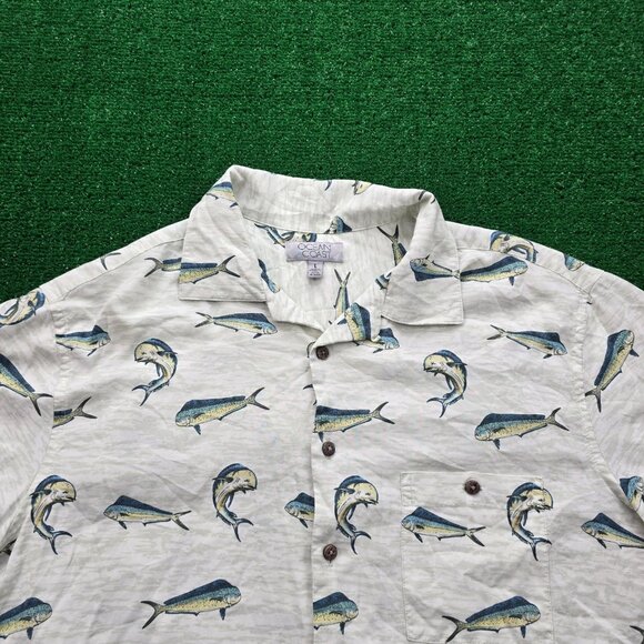 Ocean Coast Shirt Mens Large Beige Button Up Fish Print AOP Rayon Camp Fishing - Picture 2 of 7